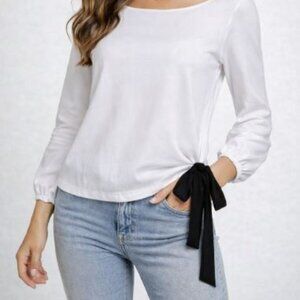 Michael Kors Classic White Blouse with Black Bow Tie at Hem S